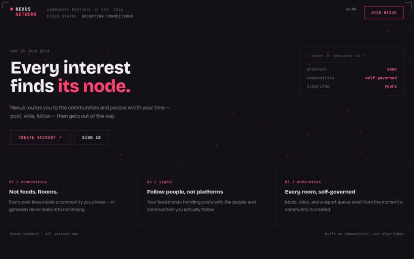Nexus landing page — Every interest finds its node